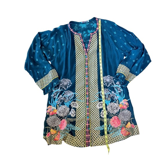Johnny Was Tunic Women Large Teal Floral Embroidered Cupra Rayon Boho Split Neck - Picture 10 of 13